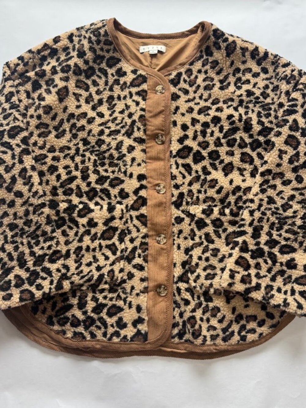 HYFVE Leopard Print Sherpa Jacket Corduroy Trim Cropped Womens Small